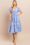 Pretty Follies Baby blue crinkle midi dress with smocked waist and ruffle tiered skirt