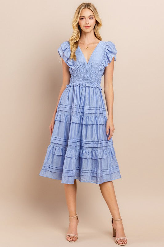 Pretty Follies Baby blue crinkle midi dress with smocked waist and ruffle tiered skirt