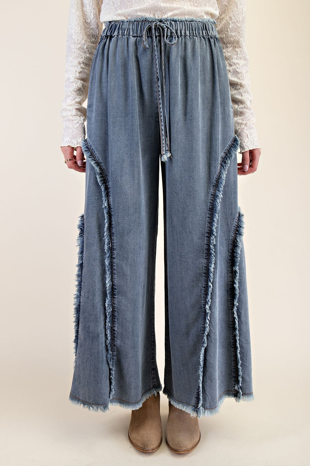 Easel Palazzo style wide leg washed blue denim pants with frayed fringe details