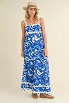 &merci Blue and white abstract print wide leg jumpsuit with scalloped ric rac trim