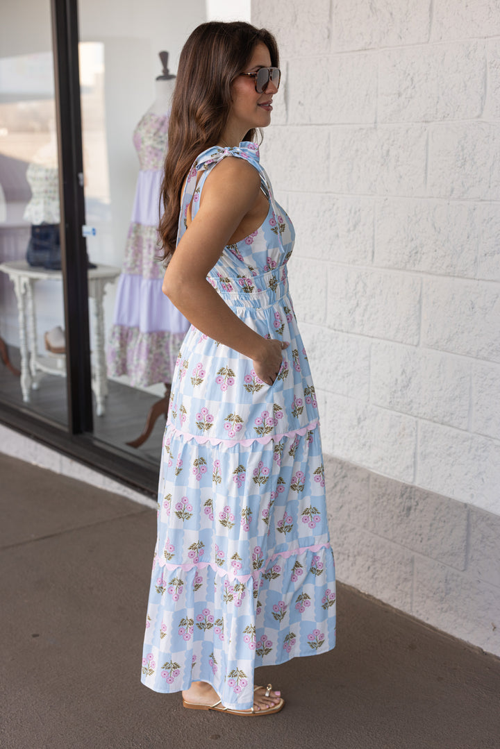 light blue and white checkered pink floral square neckline midi dress