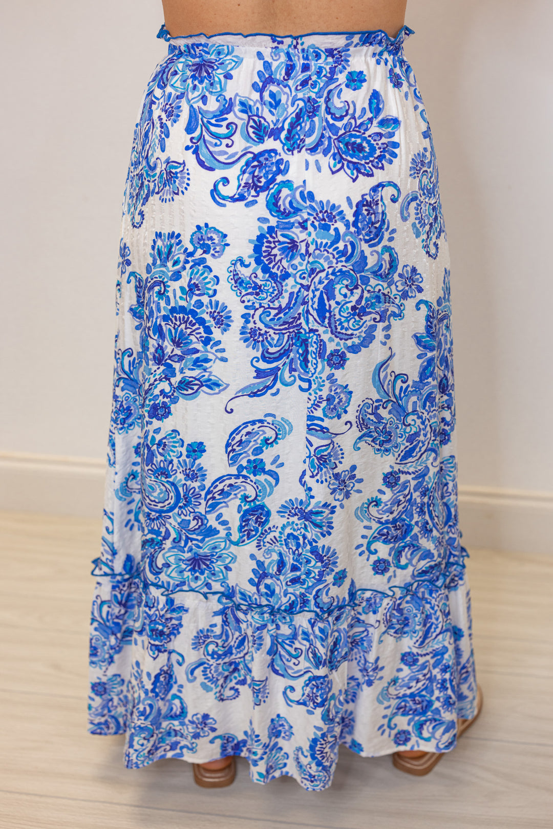 blue chinoiserie print maxi skirt