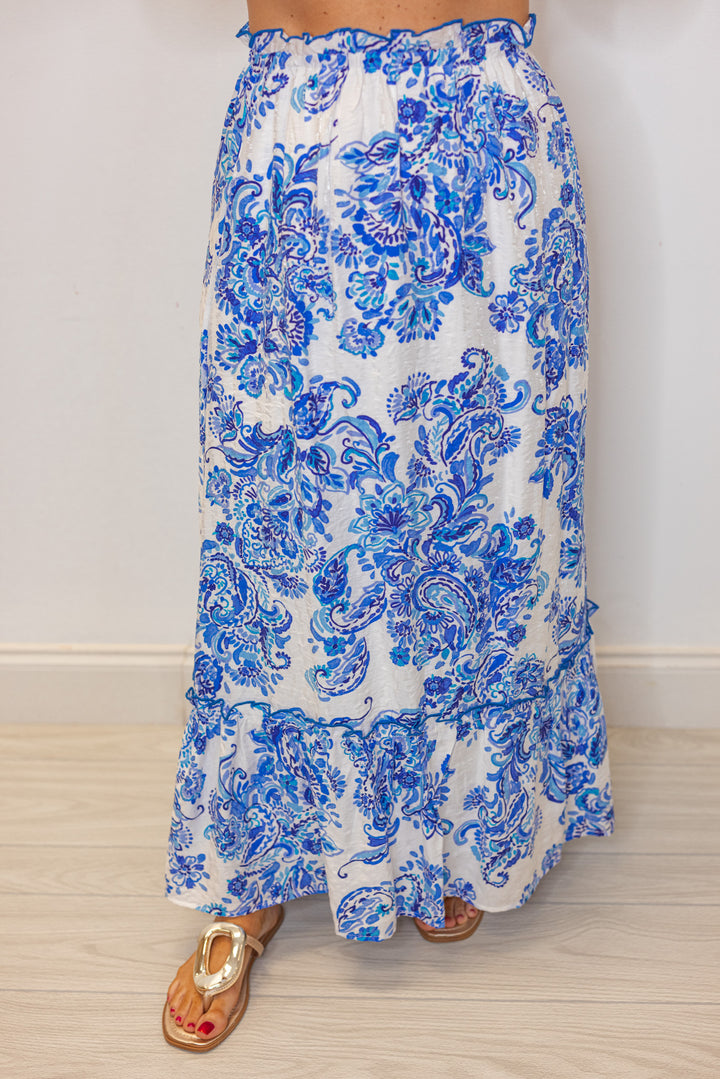 blue chinoiserie print maxi skirt