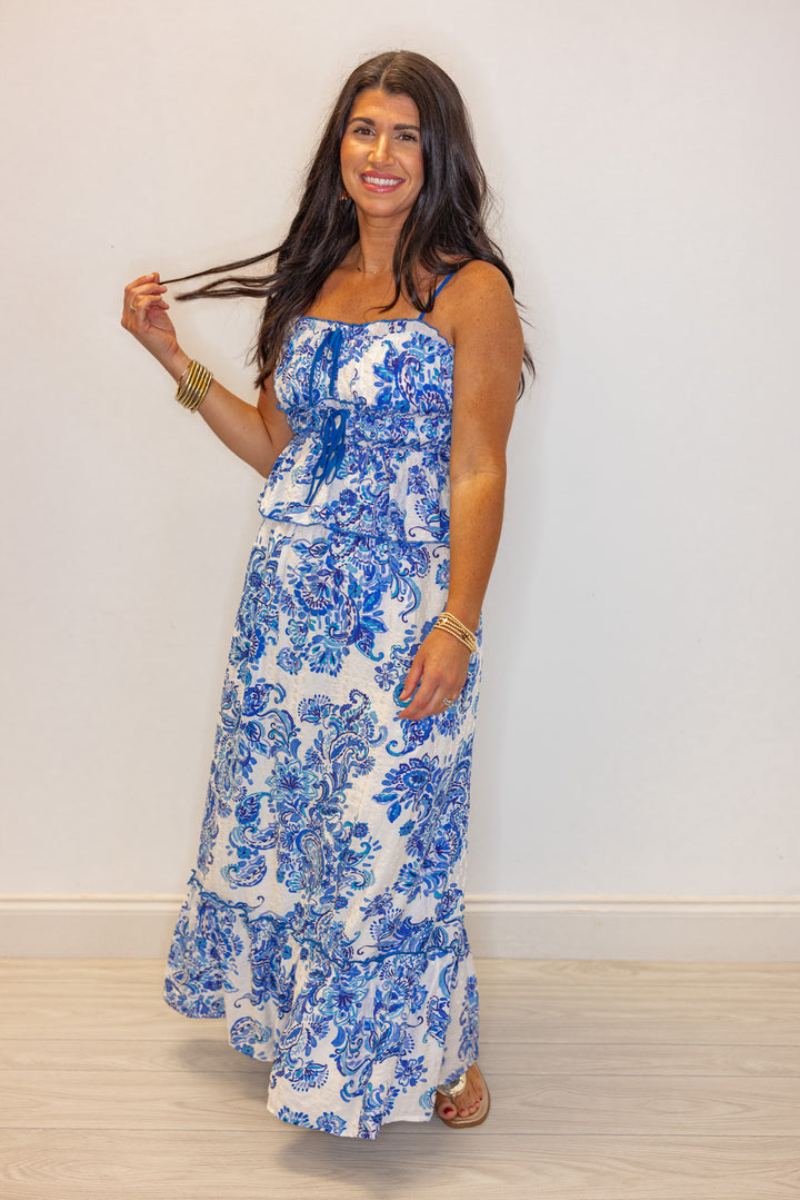 blue chinoiserie print maxi skirt