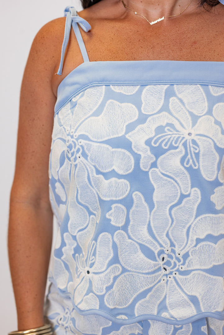 blue white floral embroidered matching shorts set