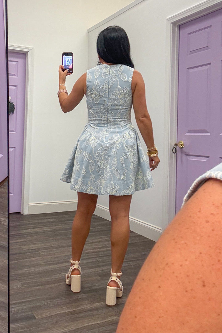 blue white embroidered bridal event dress back