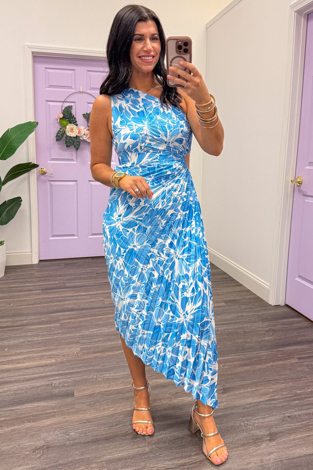 blue and white floral pleated satin one shoulder maxi dress