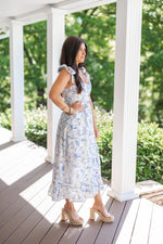 chinoiserie blue white midi dress