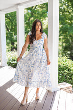 chinoiserie blue white midi dress