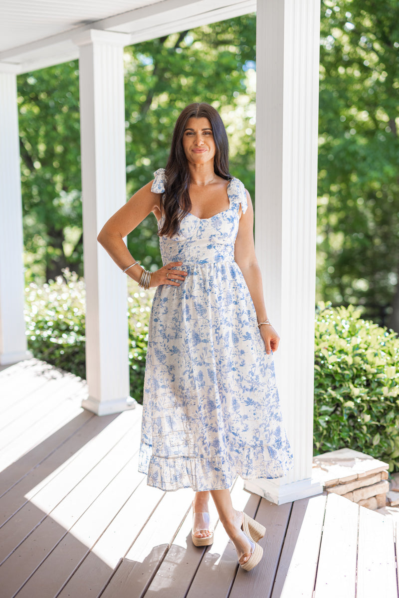 chinoiserie blue white midi dress