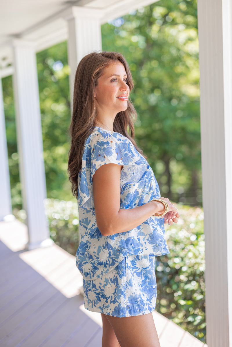 blue white eyelet fabric babydoll top