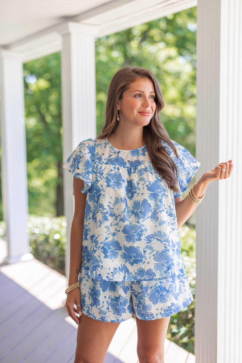 blue white eyelet fabric babydoll top