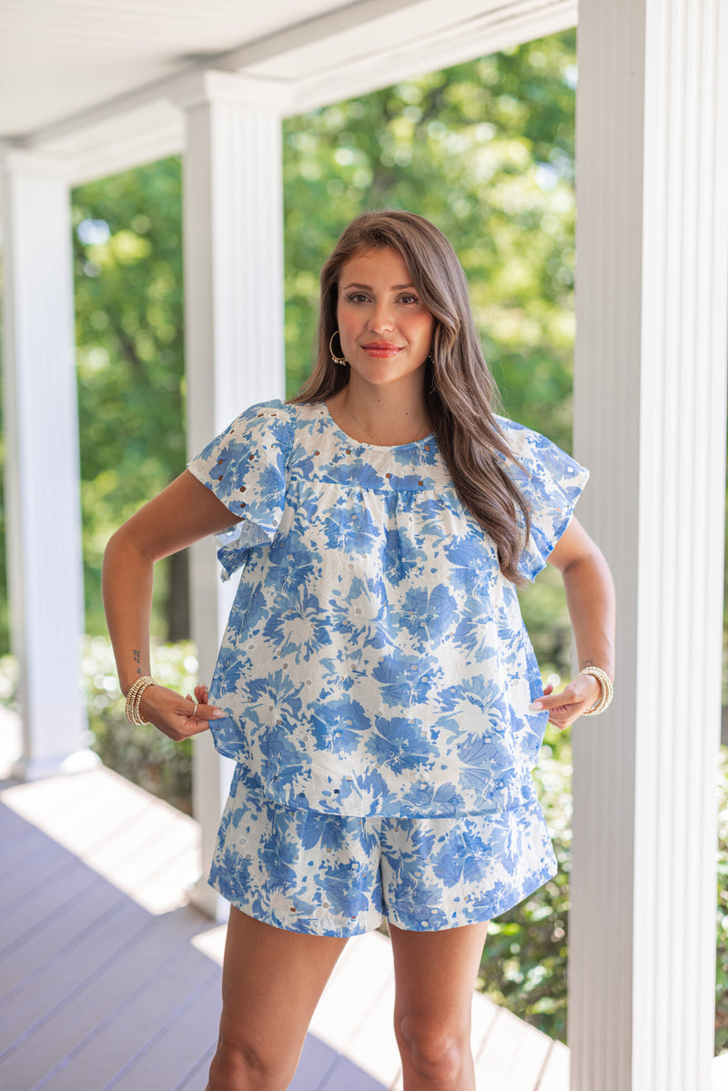 blue white eyelet fabric babydoll top