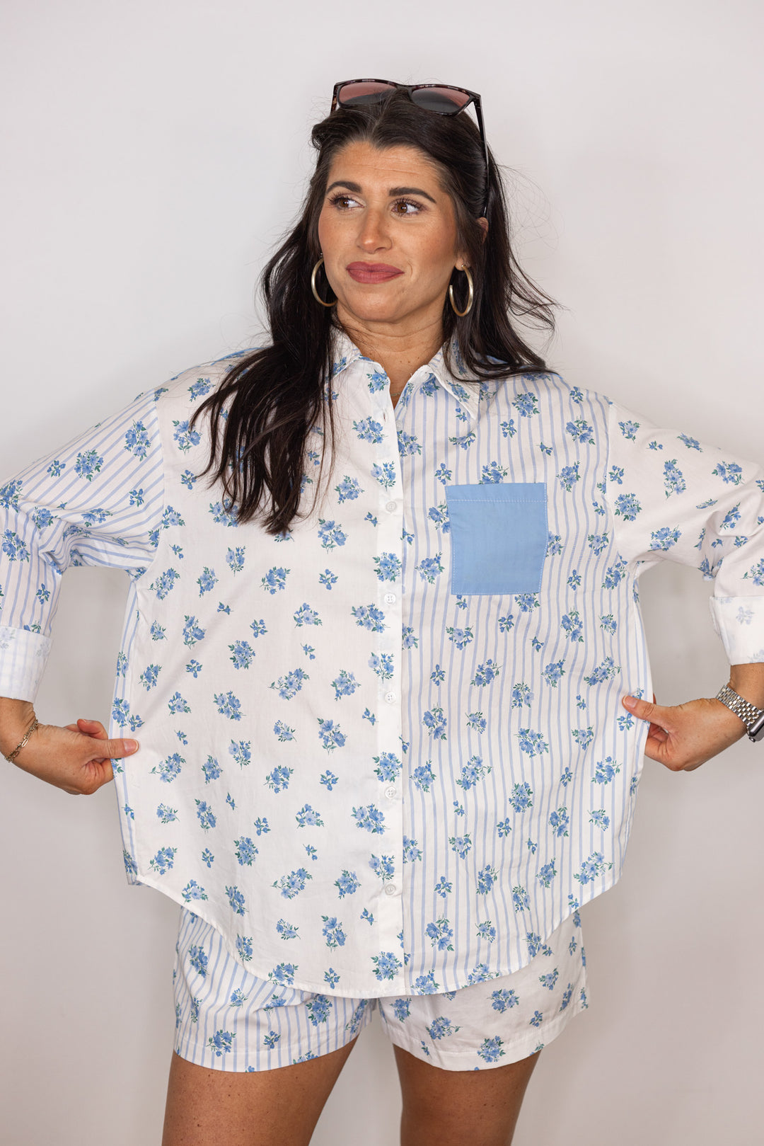 blue white floral stripe linen cotton blouse
