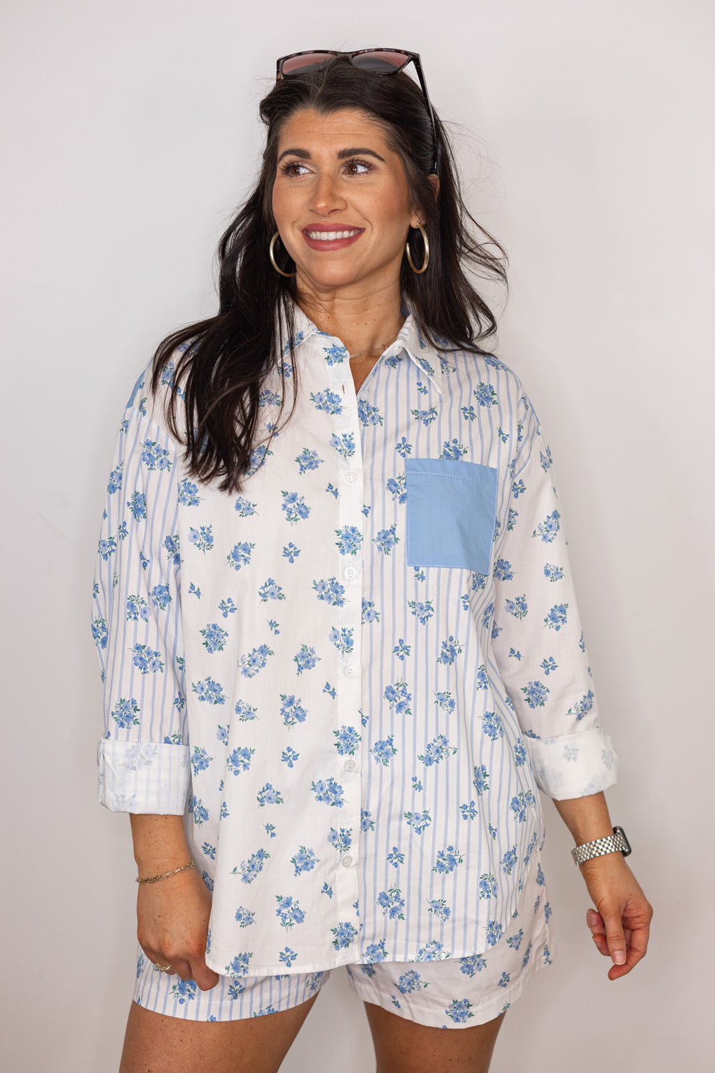 blue white floral stripe linen cotton blouse