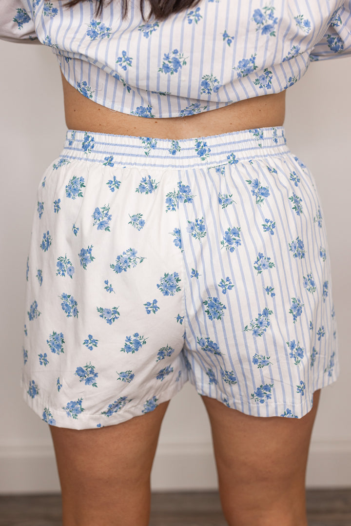 blue white floral stripe linen cotton shorts