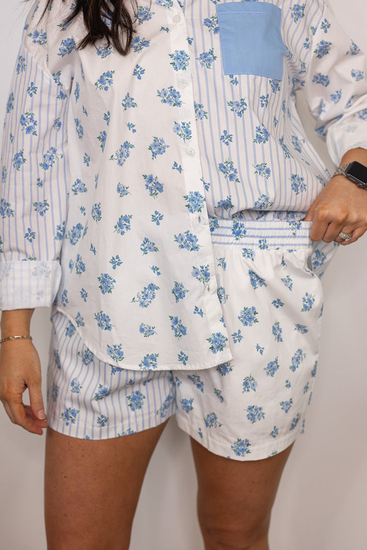 blue white floral stripe linen cotton shorts