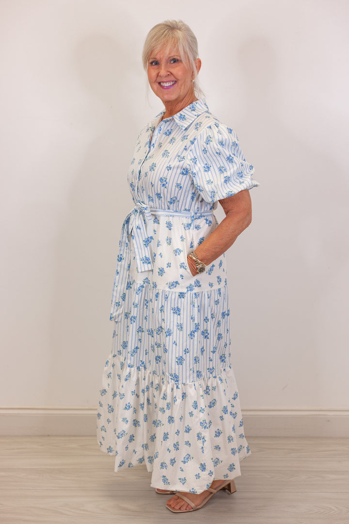 blue white floral stripe tiered midi dress