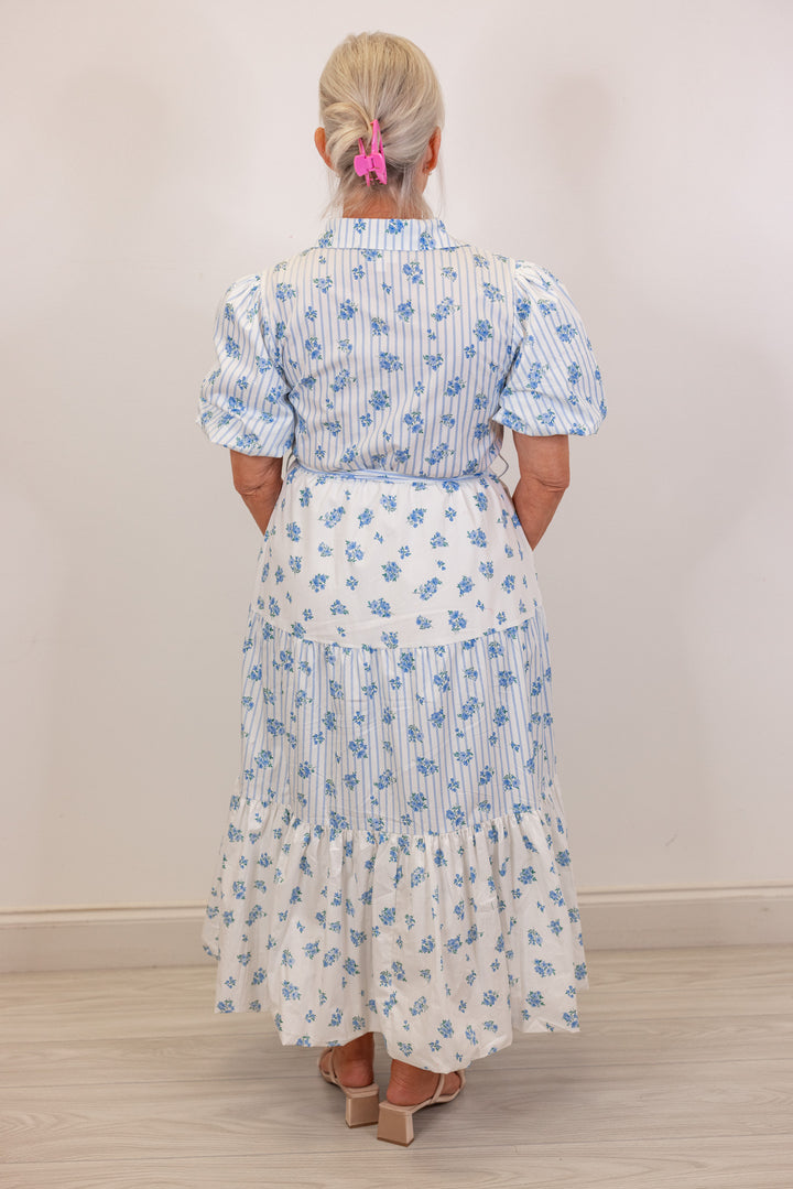 blue white floral stripe tiered midi dress