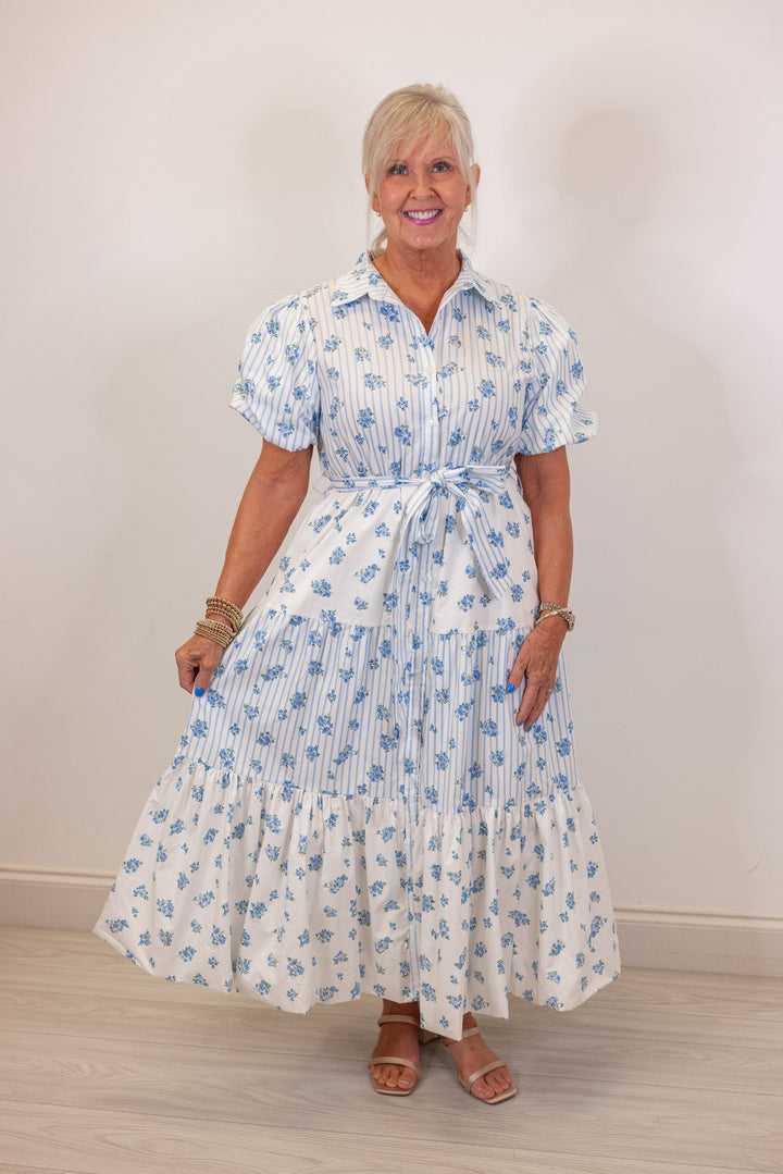 blue white floral stripe tiered midi dress