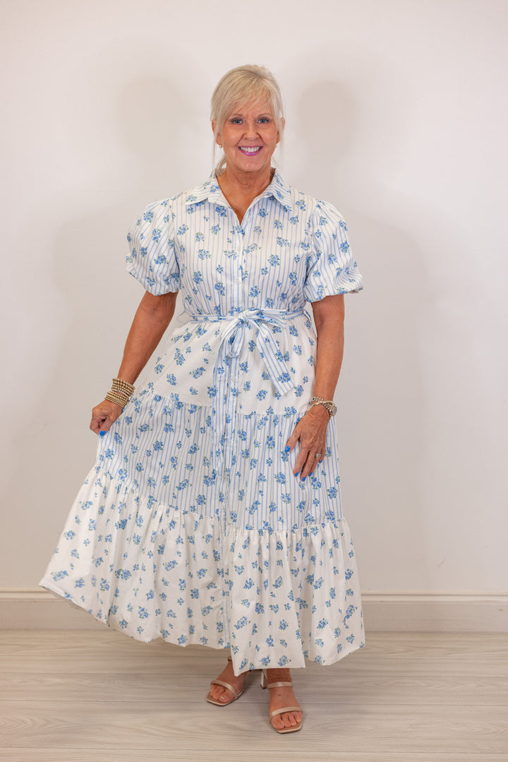 blue white floral stripe tiered midi dress