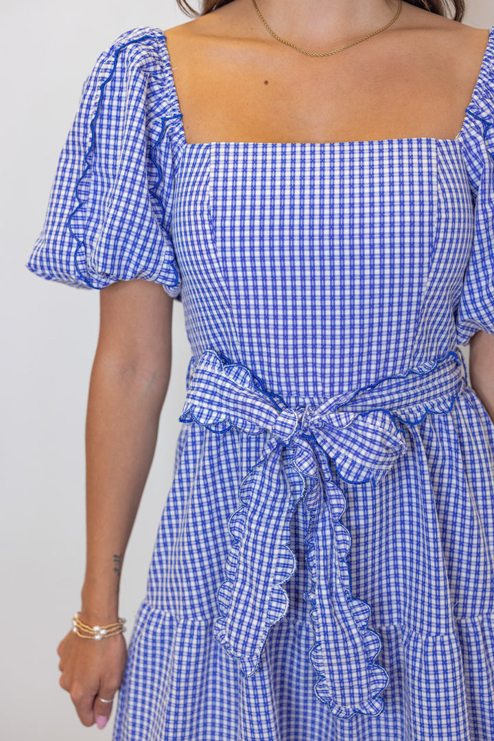 blue white gingham tiered midi dress