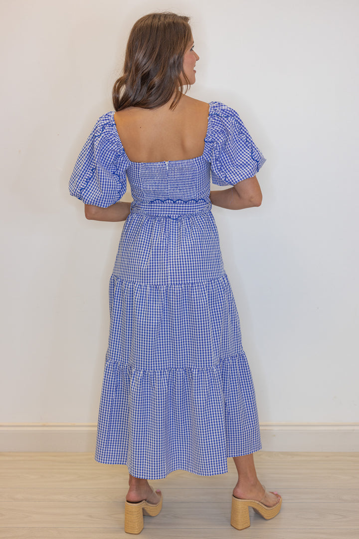 blue white gingham tiered midi dress