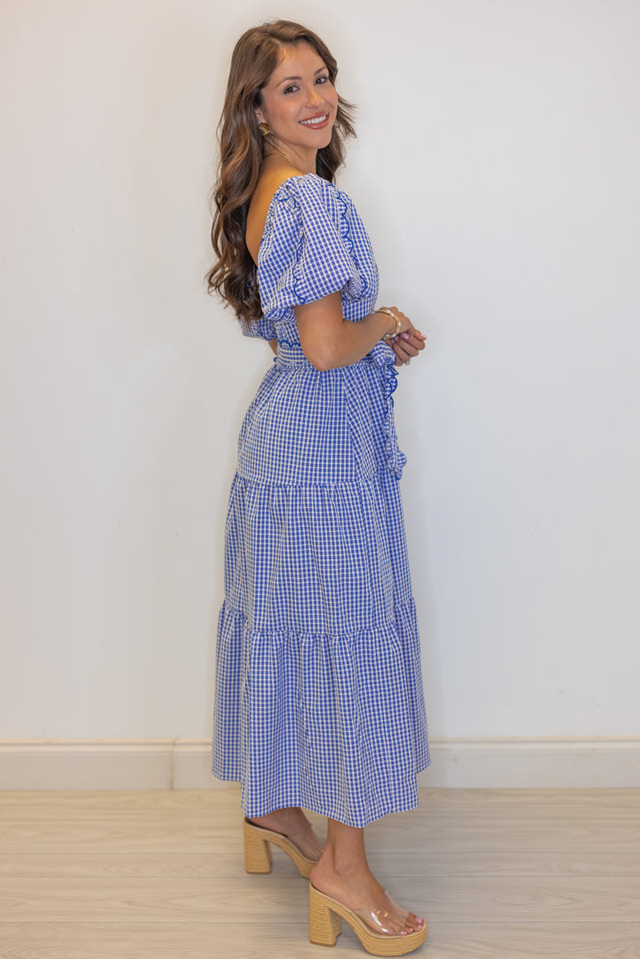blue white gingham tiered midi dress