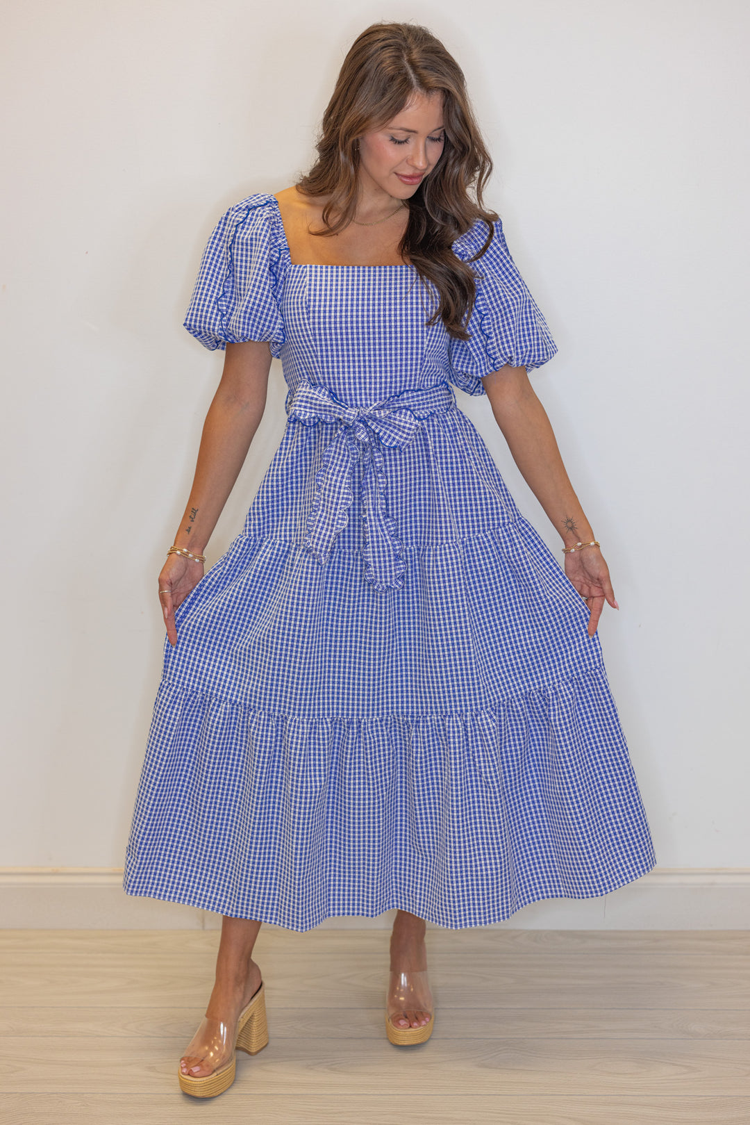 blue white gingham tiered midi dress