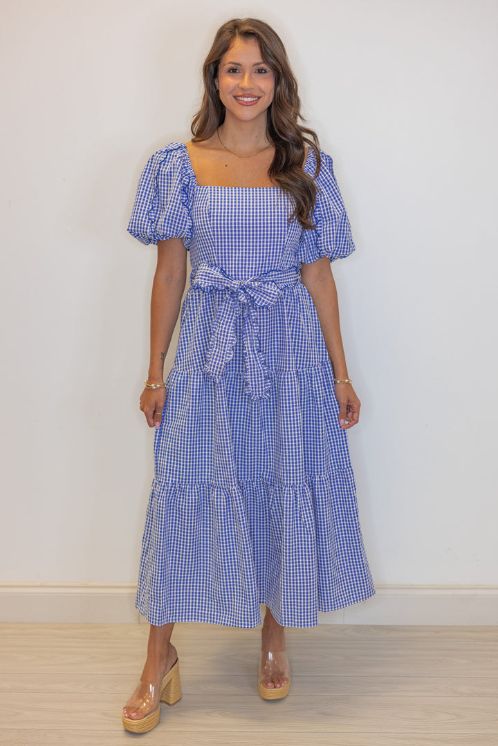 blue white gingham tiered midi dress