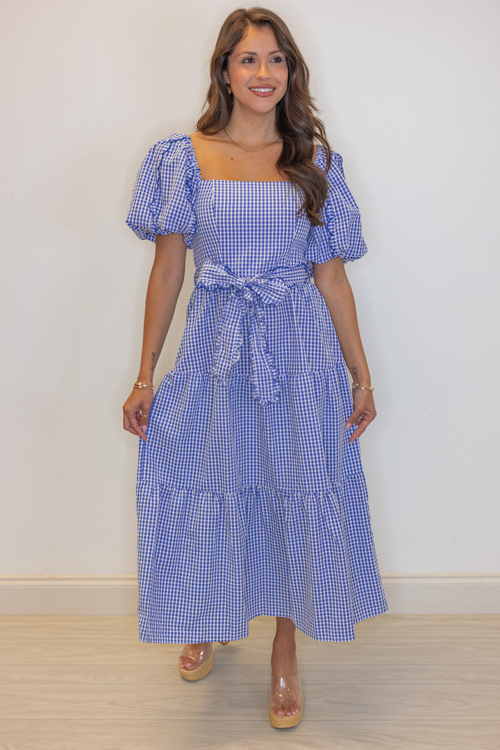 blue white gingham tiered midi dress