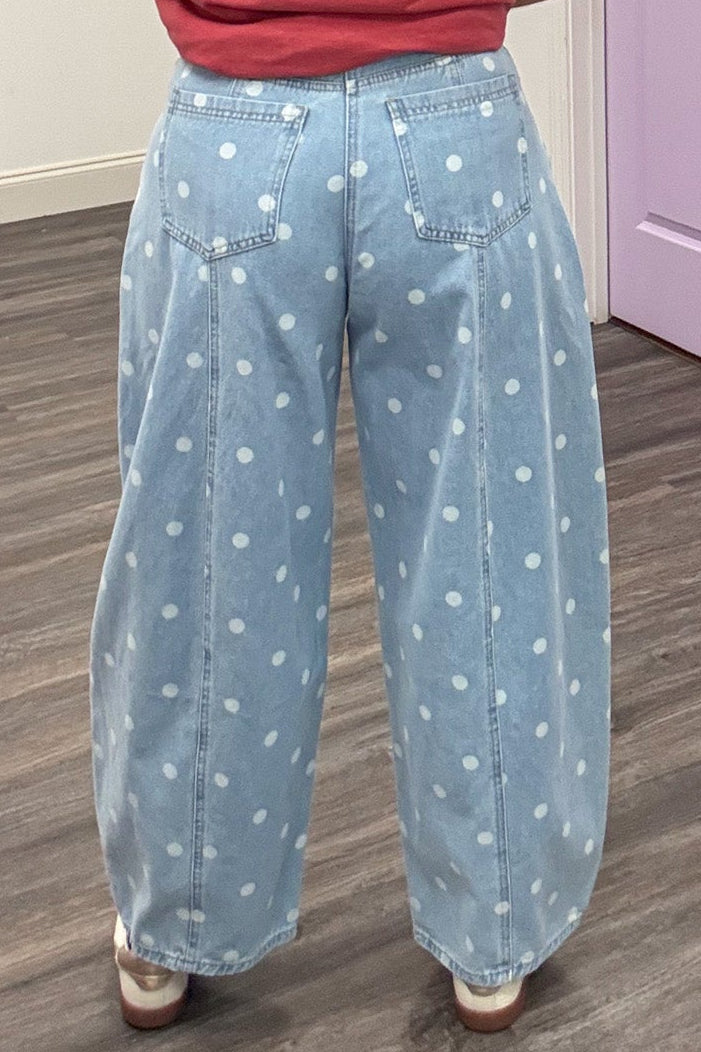 light blue washed denim with white polka dot print wide leg barrel pants with back pockets