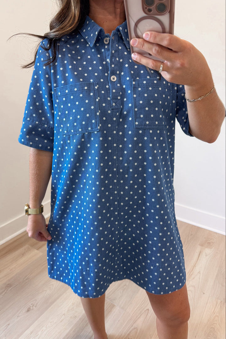 blue denim with white polka dot print short sleeve collared neckline button front bodice mini dress