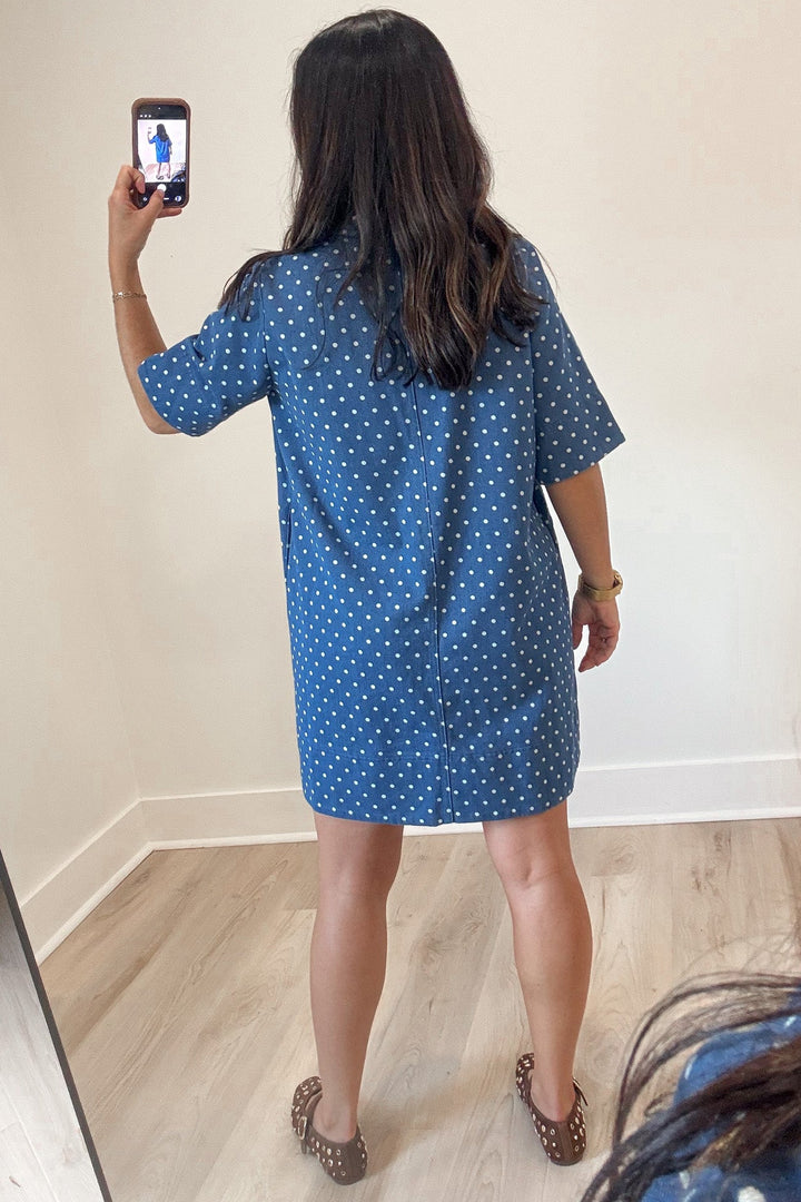 blue lightweight denim with white polka dot print short sleeve button front bodice mini dress