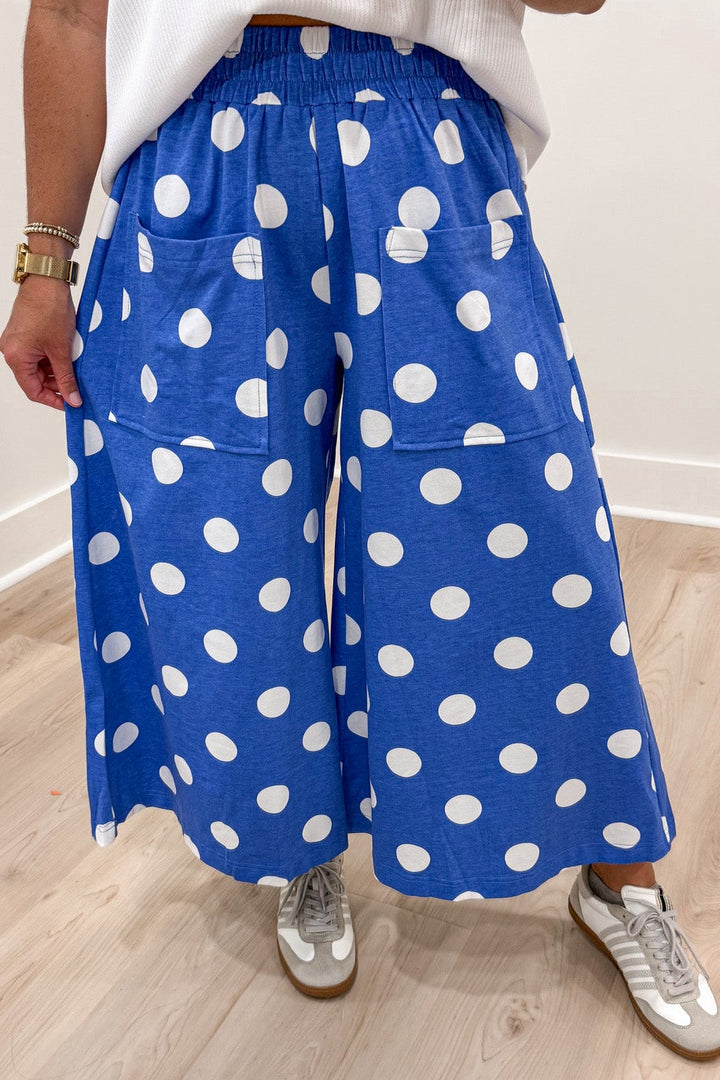 azure blue with white polka dot print relaxed wide leg elastic waist cotton blend pants