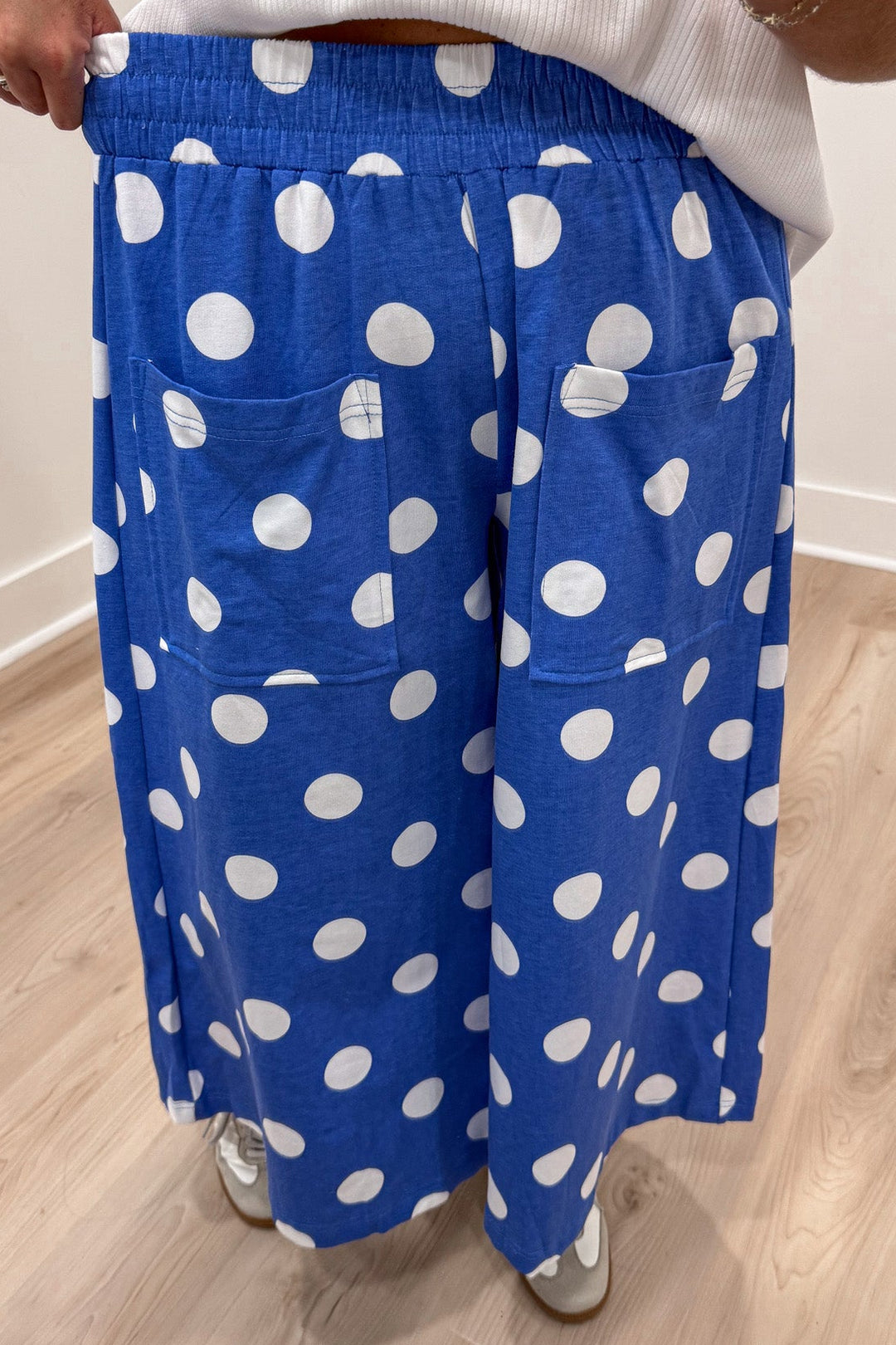 azure blue with white polka dot print wide leg elastic waistband cotton blend pants
