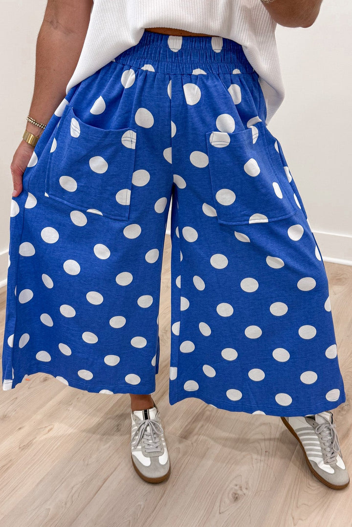 azure blue with white polka dot print wide leg elastic waist cotton blend pants with front patch pockets