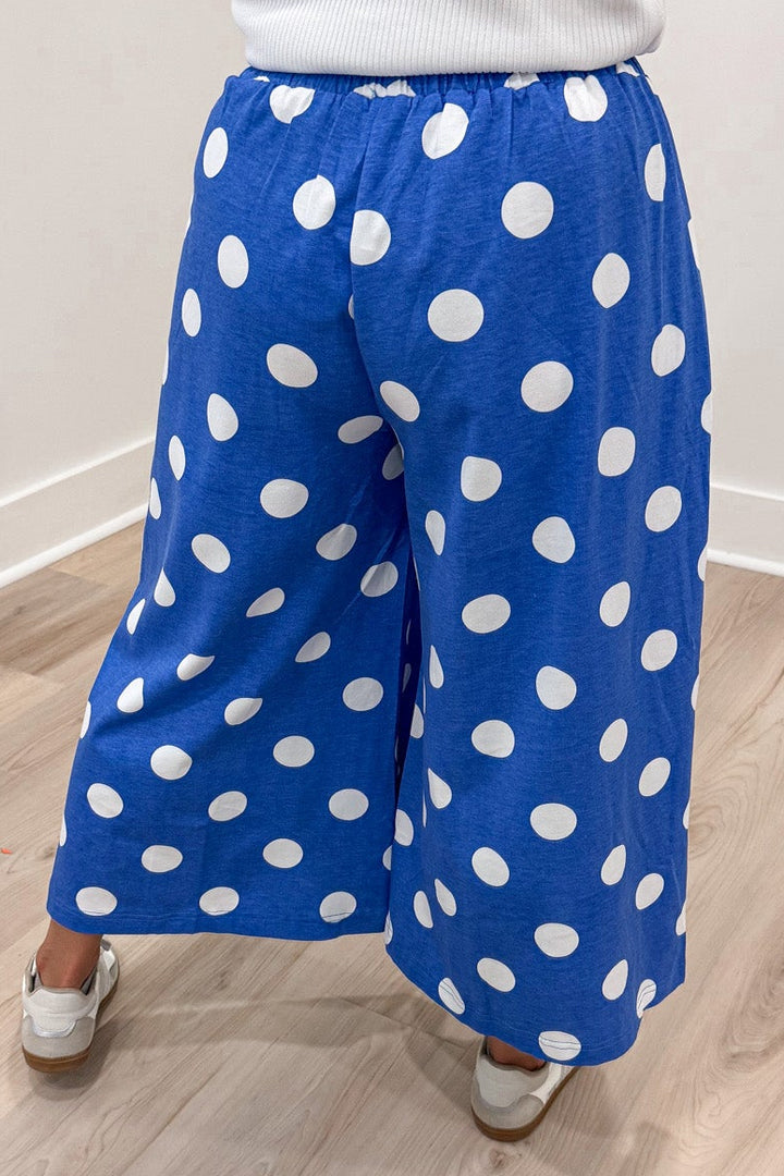 azure blue with white polka dot print wide leg elastic waist cropped cotton blend pants