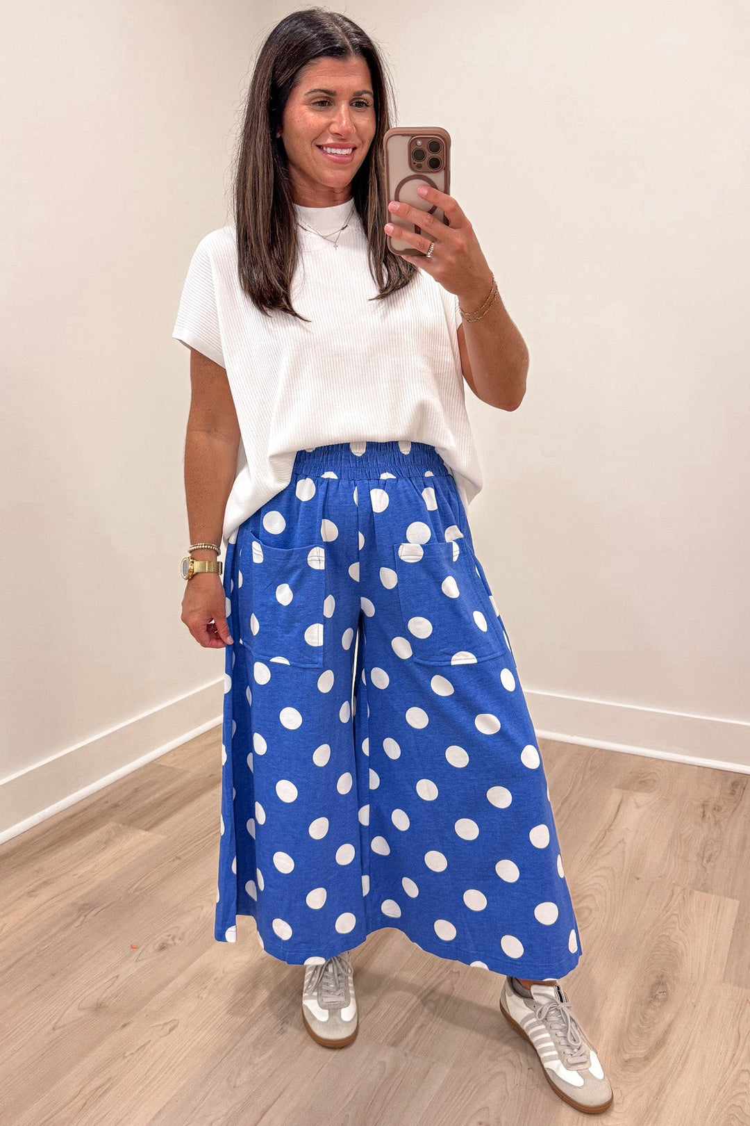 azure blue with white polka dot print wide leg elastic waist cotton blend pants