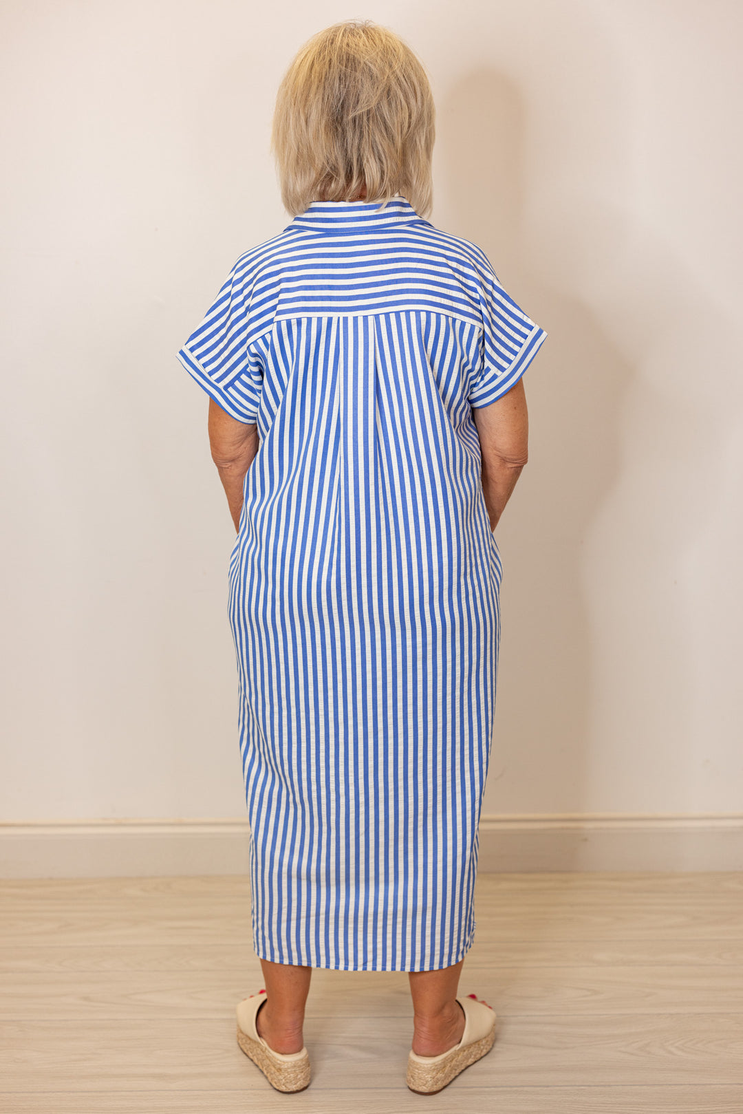 blue white stripe button front midi dress