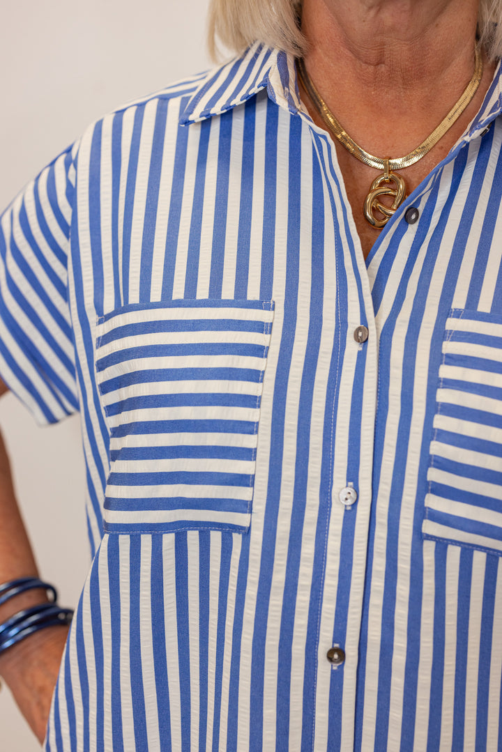 blue white stripe button front midi dress