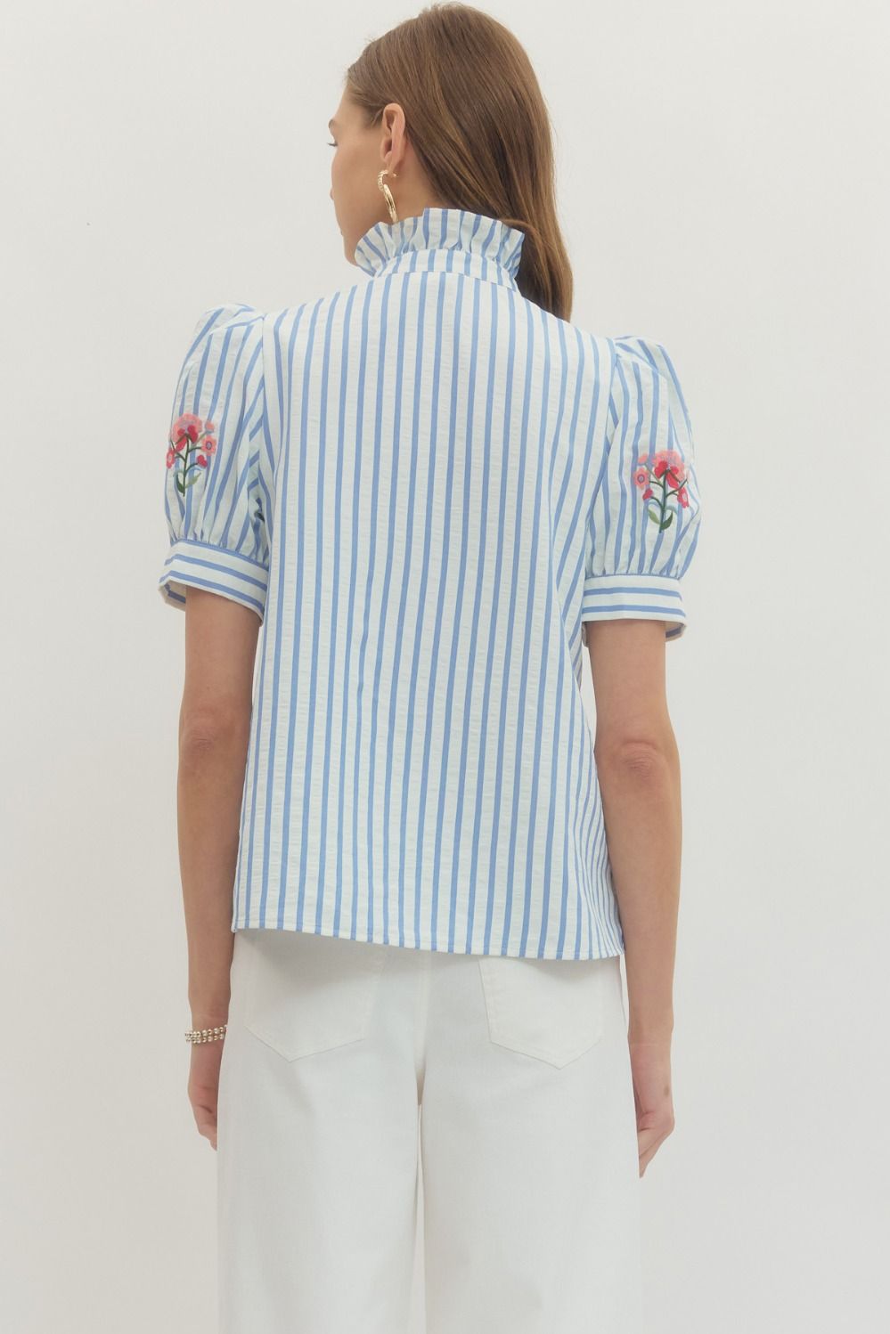 Entro blue and white striped button front top with pink and red flowers in a comfortable fit