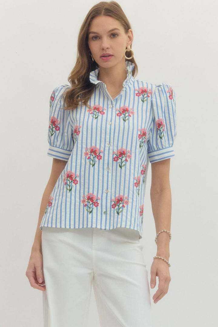 Entro blue and white striped button front top with pink and red embroidered flowers