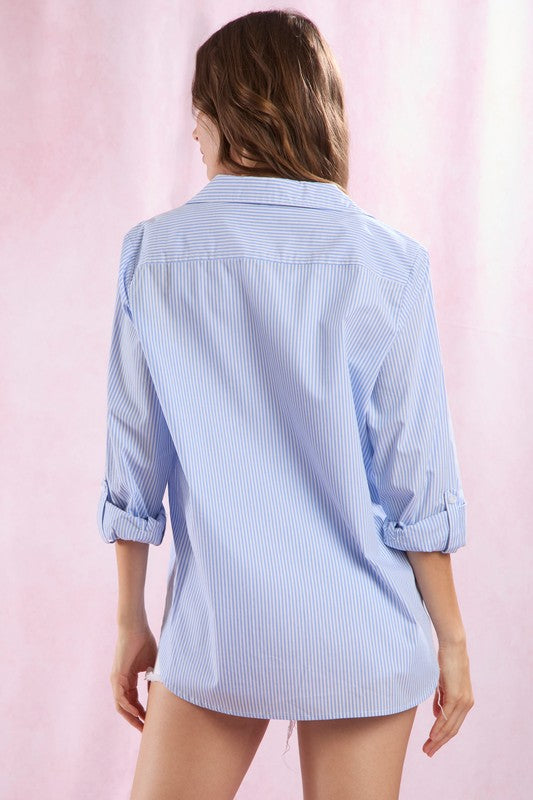 Peach Love California Blue and white striped button down top