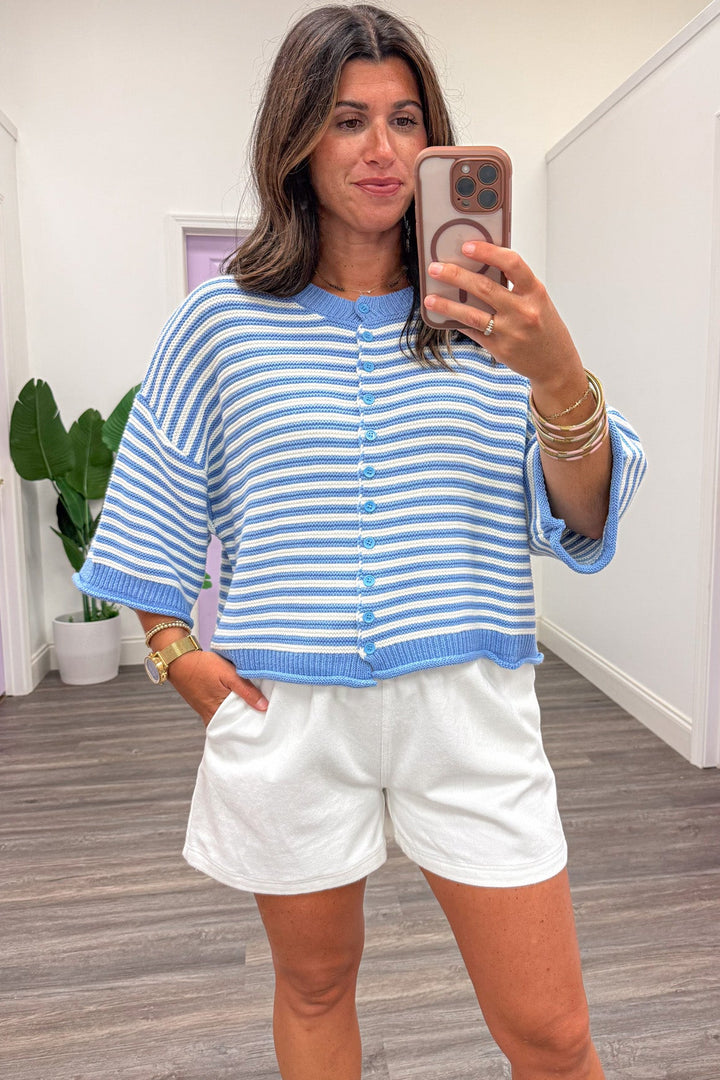 blue and off white striped button front crew neckline semi-cropped textured knit cardigan top