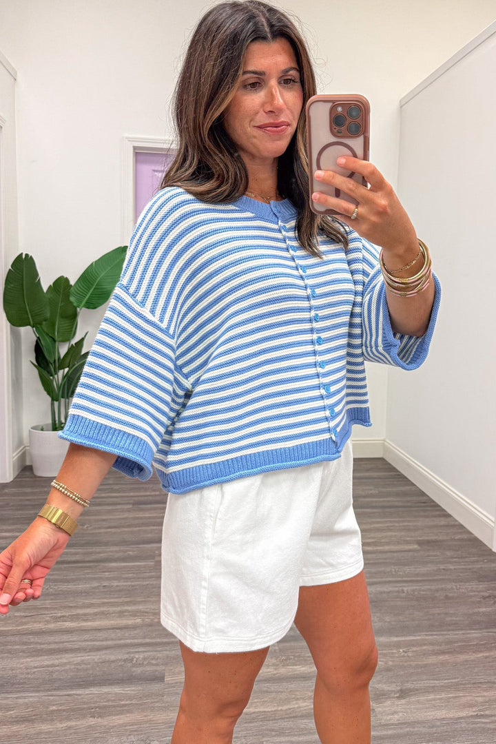 blue and off white striped drop shoulder half sleeve button front semi-cropped textured knit cardigan top