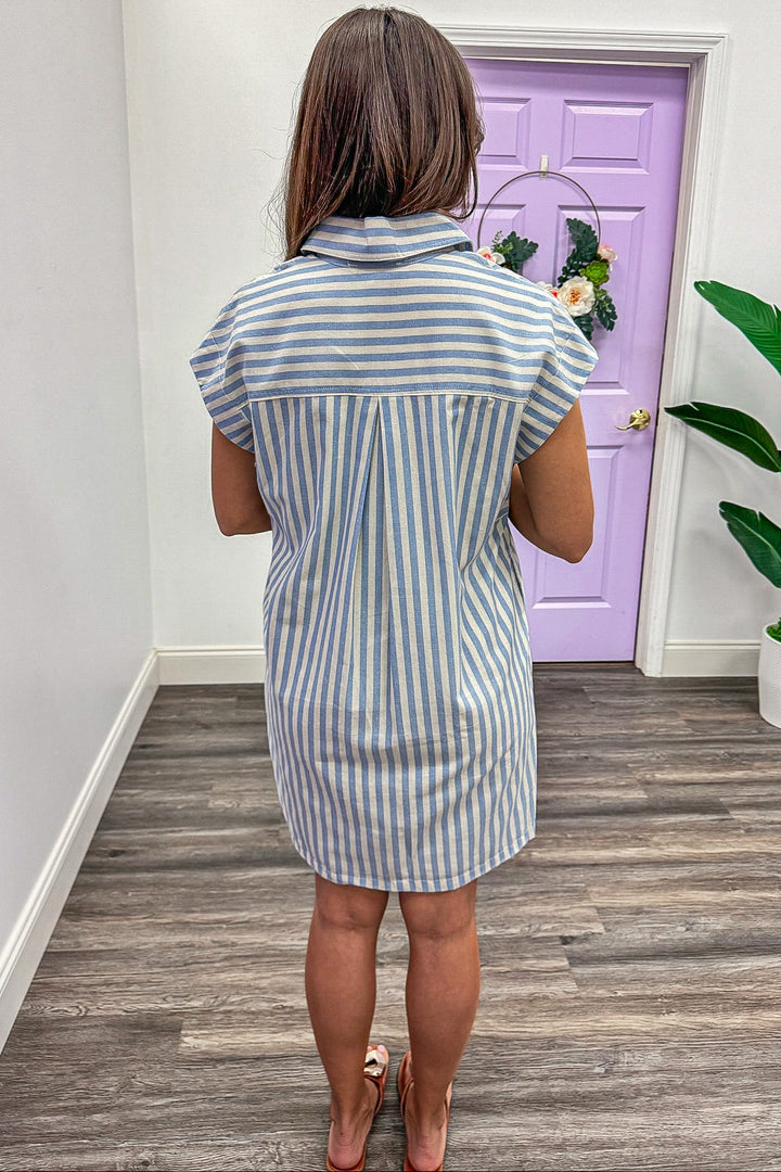light blue and off white striped collared neckline button front mini dress