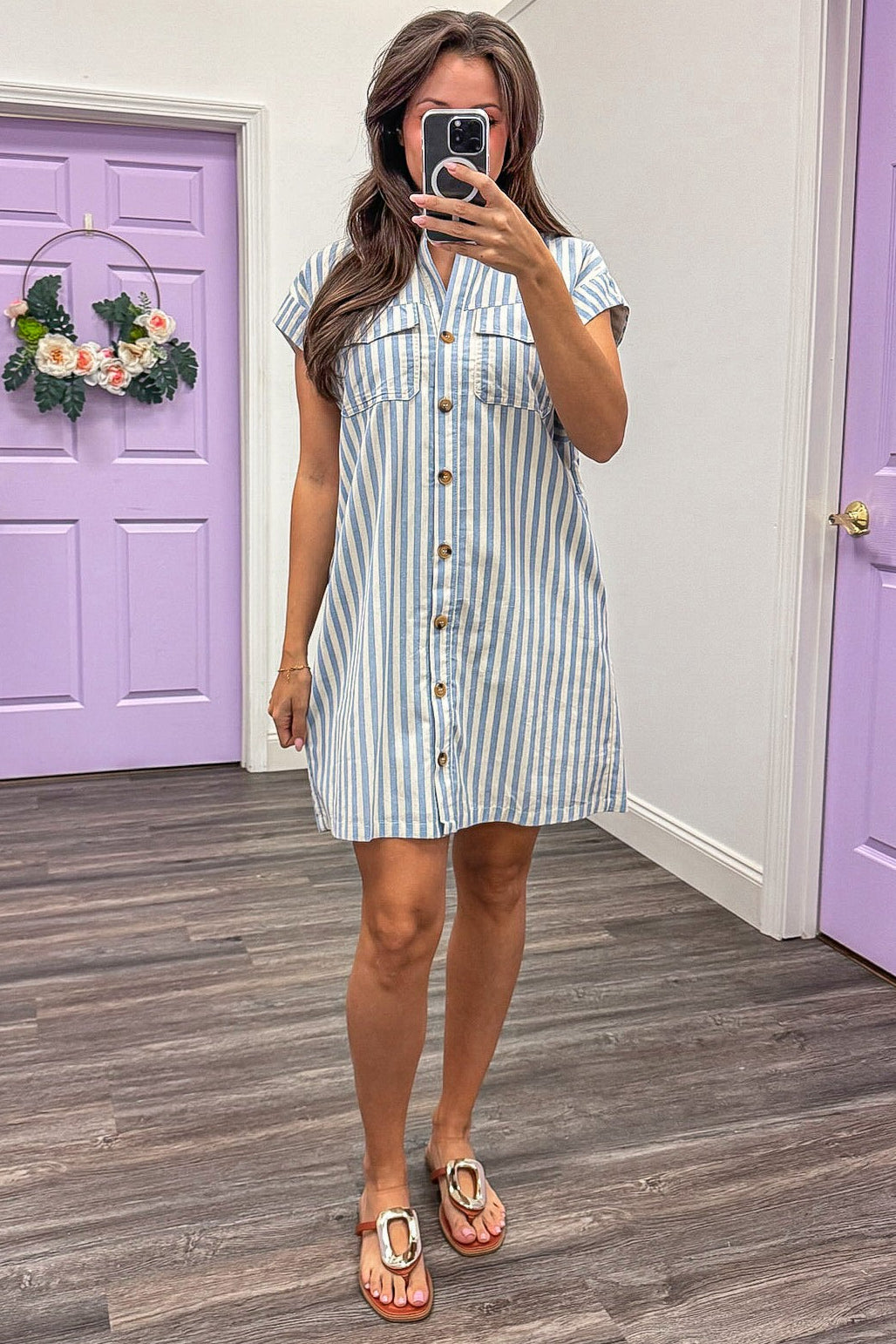 light blue and off white vertical striped button down mini dress