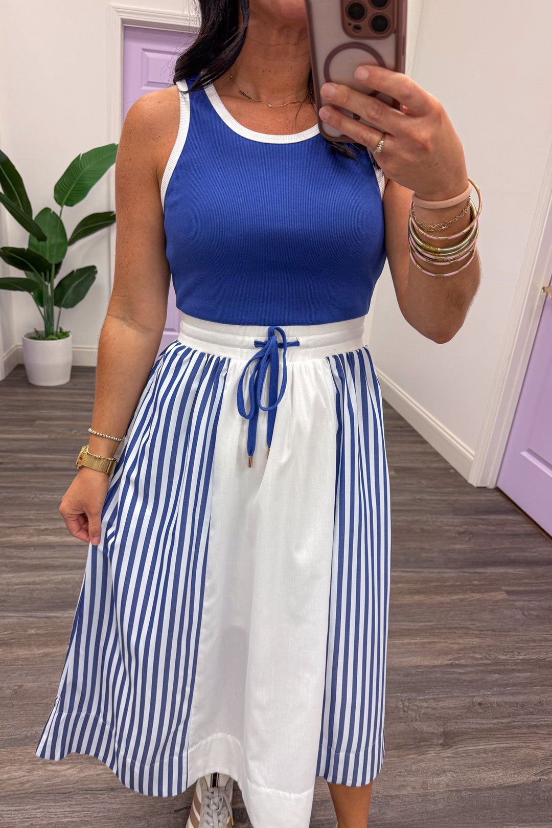 white and royal blue striped colorblock midi dress with sleeveless knit top
