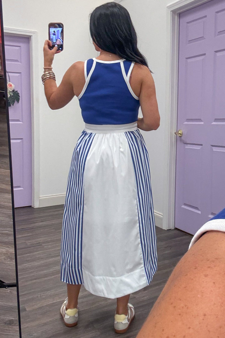 white and blue striped colorblock crew neckline elastic waistband midi dress
